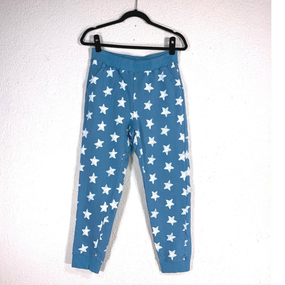 Umgee USA Womens Teal Blue White Star Print Cotton Joggers Sweatpants L M5061